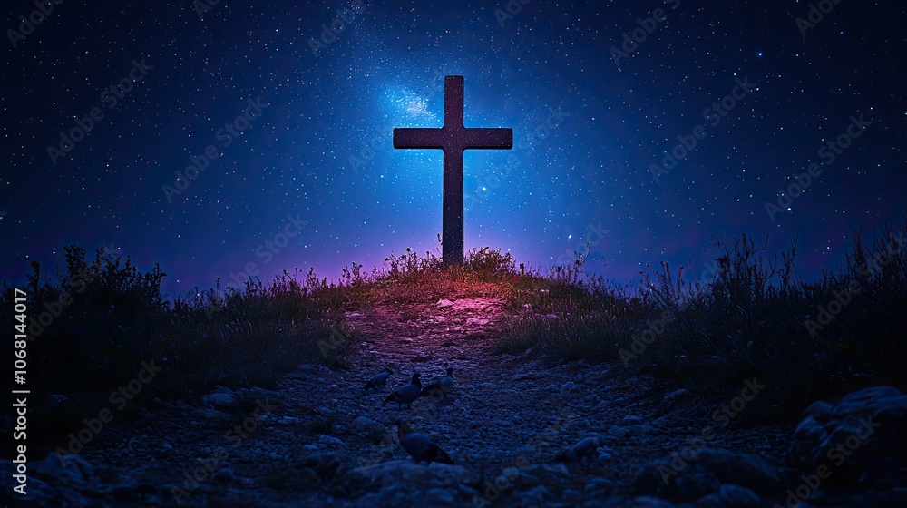 Fototapeta premium A cross on a hill with pigeons and a night sky background represents Easter Sunday and Christian faith, perfect for religious greeting cards.
