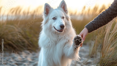 Portait oft an white swiss shepherd give a paw to the owener person holding hand with pet photo