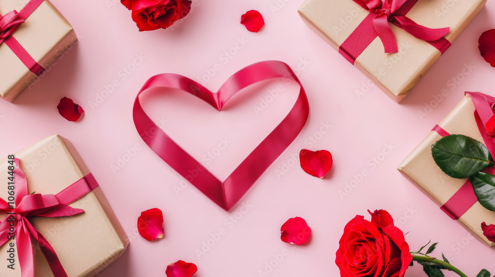 Ribbon in shape of heart with gift boxes and rose flowers on pink background happy valentines day mothers day birthday concept romantic flat lay composition Ribbon in shape of heart with gift boxes and rose flowers on pink background happy valentines day mothers day birthday concept romantic flat lay composition