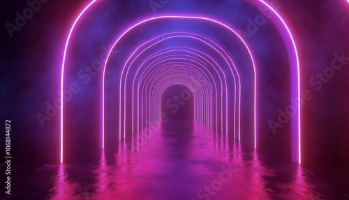 Futuristic Neon Stage. Modern Neon Light Stage with Reflective Floor. Cyberpunk Arena with Purple and Blue Neon Lights. Abstract 3D Neon Stage Background.