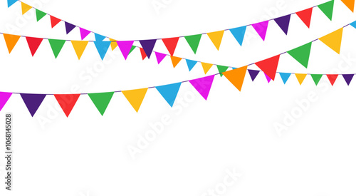 Colorful carnival Flags and Bunting on White. Triangle buntings, serpentine in simple flat style, on white background. Carnival, birthday, circus party design decoration.