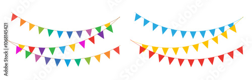 Decorative bunting for events background. Colorful triangular flag decoration with rope.