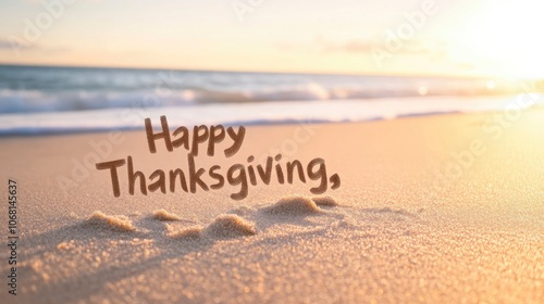 A beach with a sunset in the background and a message that says Happy Thanksgiving.