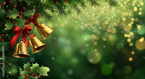 Golden Christmas Bells with Red Bow on Green Background for Christmas Greeting Card or Banner Design. Illustration of golden bells tied to a red ribbon and green holly hanging from evergreen tree 