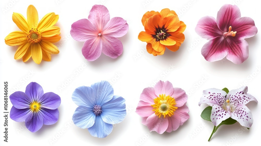 Obraz premium Eight colorful artificial flowers on a white background.