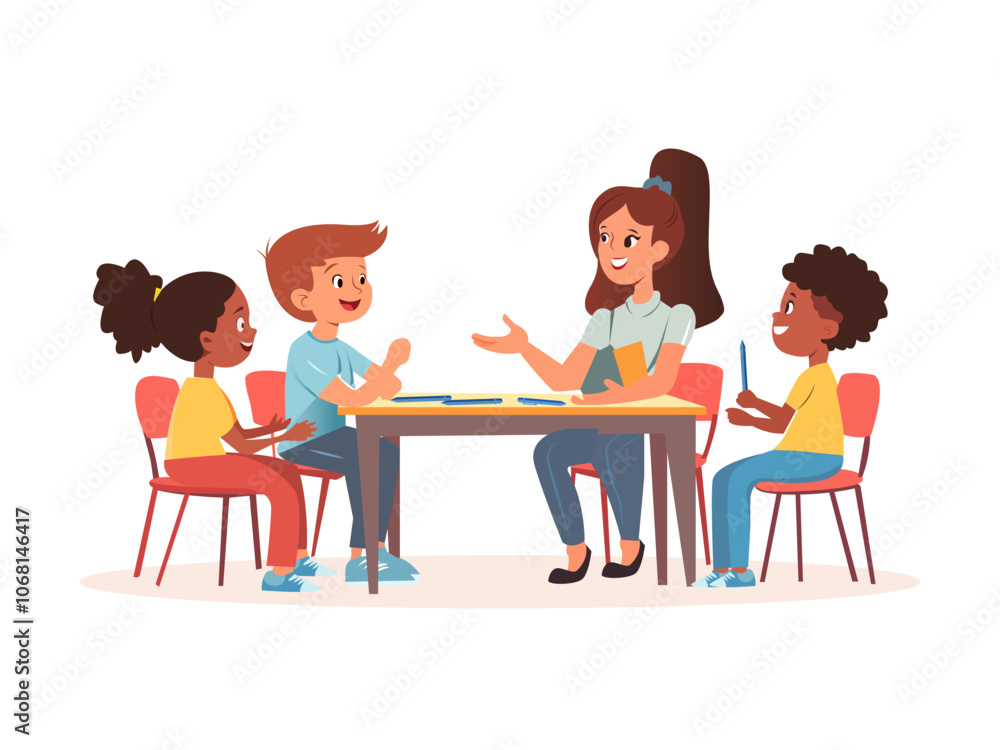 classroom with teacher happy school children and a teacher colorful vector illustration classroom with teacher happy school children and a teacher colorful vector illustration