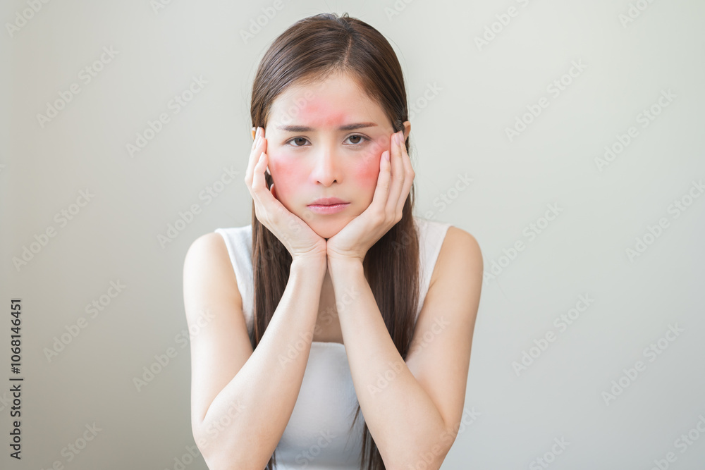 Dermatology, scratch asian young woman, girl face worry and itch, itchy allergy, allergic sensitive reaction, red spot or rash on face. Beauty care from skin problem treatment, isolated on background.