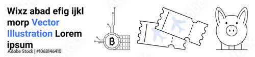 Left to right Bitcoin circuit, two tickets, piggy bank. Ideal for fintech content, savings guides, investment tutorials, cryptocurrency blogs, event promotions, financial apps, e-commerce sites