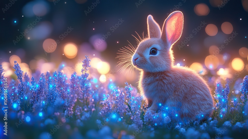 A cute rabbit sitting in a neon-lit field at night, designed for banners, posters, or greeting cards promoting Easter-themed creative holiday concepts with a magical atmosphere and copy space. A cute rabbit sitting in a neon-lit field at night, designed for banners, posters, or greeting cards promoting Easter-themed creative holiday concepts with a magical atmosphere and copy space.
