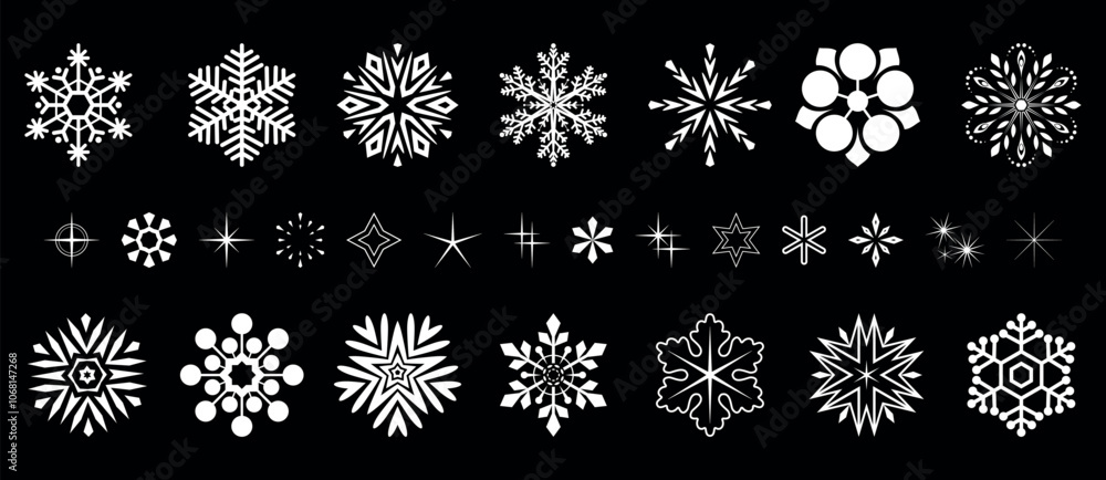 Snowflakes icon collection. Graphic modern black and white ornament. Snowflakes icon collection. Graphic modern black and white ornament.