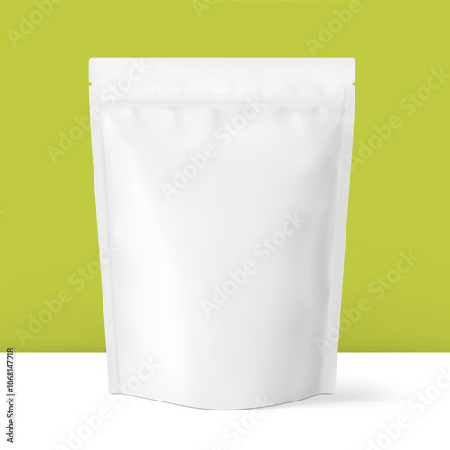 Realistic stand up pouch bag mockup with transparent shadow. Front view. Vector illustration on colour background. Ready for your design. EPS10.
