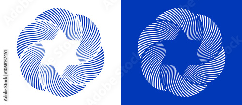 Abstract Star of David with six corners. Art line design star as logo or icon. A blue figure on a white background and an equally white figure on the blue side.