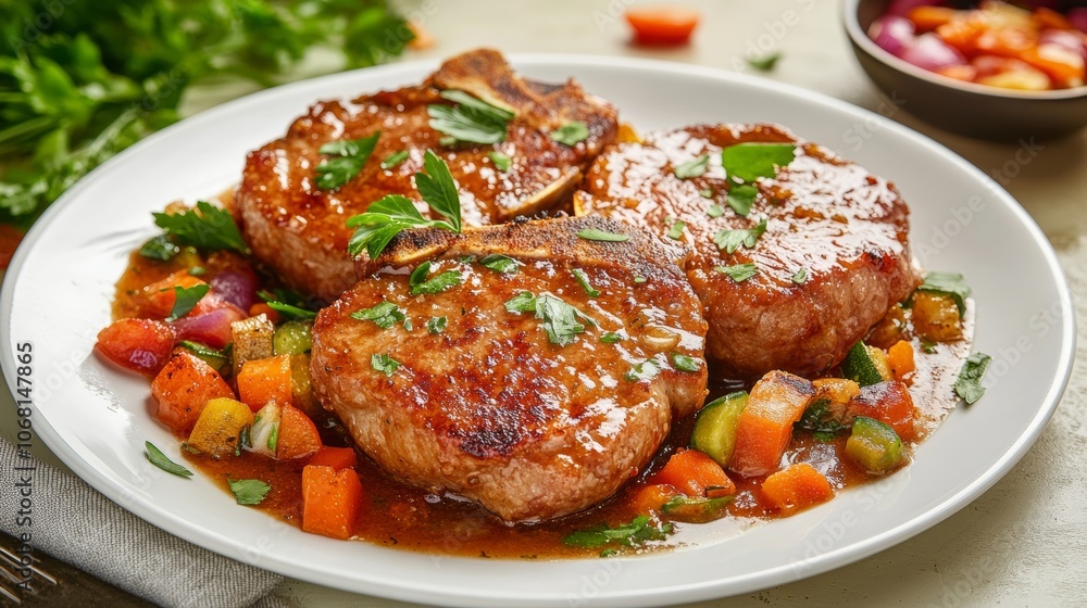 Fried pork chops with vegetables sauce and herbs on a white plate - close up view Fried pork chops with vegetables sauce and herbs on a white plate - close up view