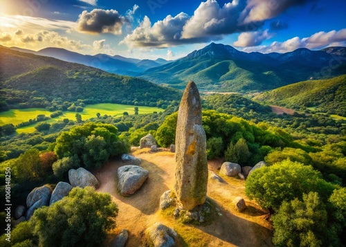 Aerial View of Prehistoric Menhir at Filitosa, Corsica Surrounded by Lush Greenery and Stunning Landscape, Capturing Ancient History and Natural Beauty in Drone Photography photo