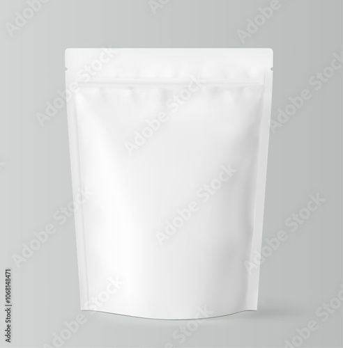 Realistic stand up pouch bag mockup with transparent shadow. Front view. Vector illustration isolated on grey background. Ready for your design. EPS10.	