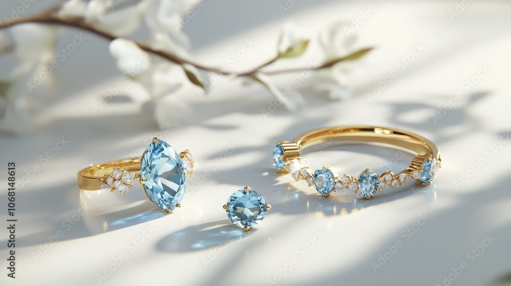 Elegant Gold Jewelry with Blue Gemstones and Flowers Elegant Gold Jewelry with Blue Gemstones and Flowers