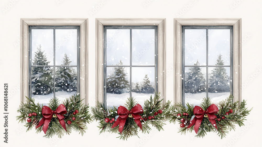 Fototapeta premium Winter scene with three windows adorned with festive decorations, evoking cozy holiday spirit