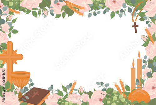 Rectangular horizontal frame with First Communion symbols. Vector. Golden wine cup, Grail, bread, Bible, rosary, wine, white roses, candles and crucifix. Clipart for First Communion invitations.