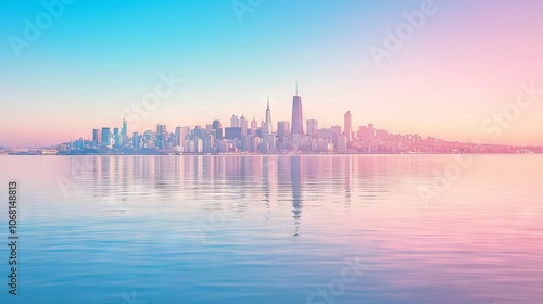 A serene skyline view at dawn, reflecting pastel colors on water.