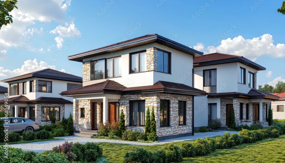 Modern townhouses with dark brown roofs in Bulgarian coastal village, award-winning. Modern townhouses with dark brown roofs in Bulgarian coastal village, award-winning.
