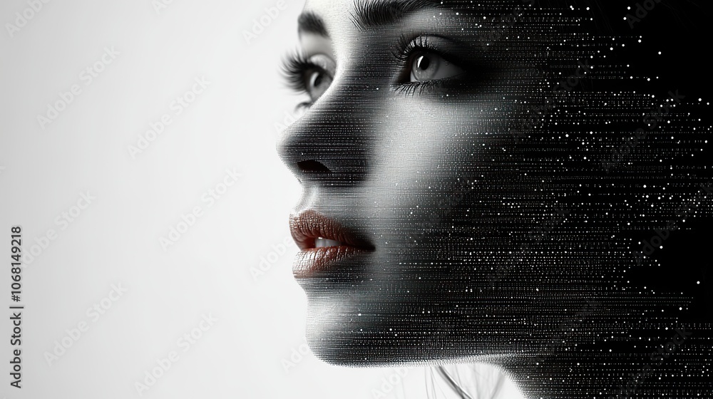 A digital halftone portrait of a woman, composed of dots and particles, representing the concept of artificial intelligence or minimalistic design, ideal for posters or tech-related cards. A digital halftone portrait of a woman, composed of dots and particles, representing the concept of artificial intelligence or minimalistic design, ideal for posters or tech-related cards.