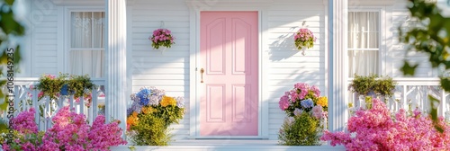 Vintage design sunny day photo, white house with a blush pink door and porch flowers.
