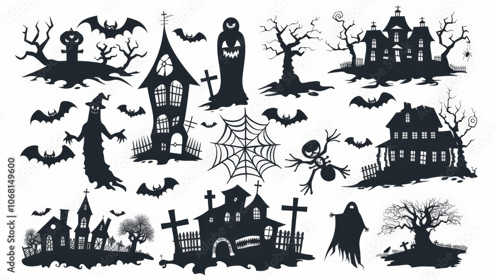Obraz premium Spooky Halloween Silhouettes Isolated On White