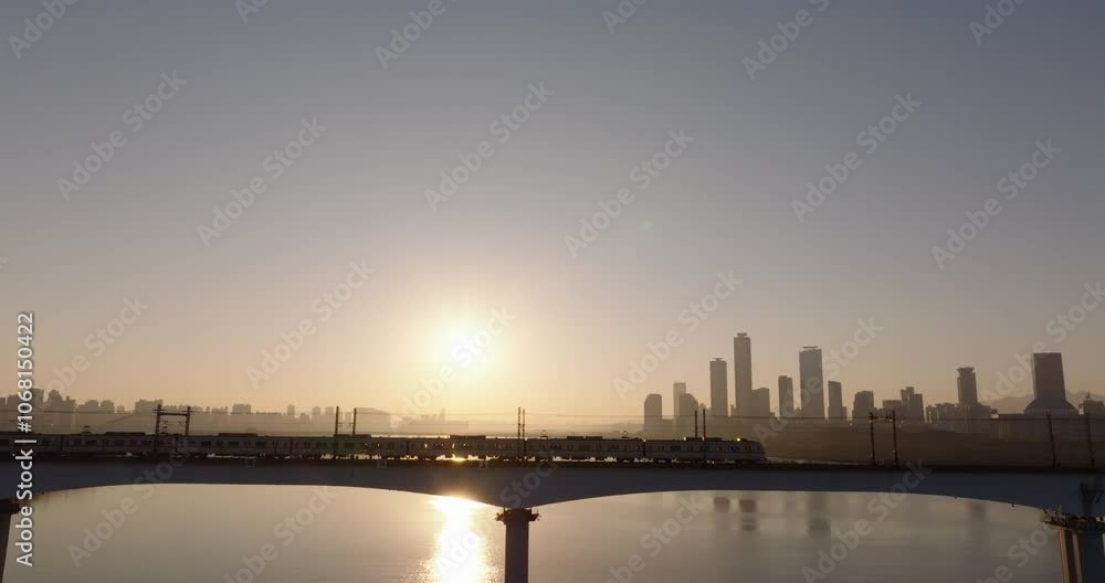 Sunrise Over Han River with Subway Crossing Dangsan Railway Bridge, Seoul Aerial View Sunrise Over Han River with Subway Crossing Dangsan Railway Bridge, Seoul Aerial View