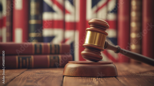 Law and justice concept. United Kingdom flag standing at blurred angle behind judge's gavel standing on table. Background representing the United Kingdom legal system. photo