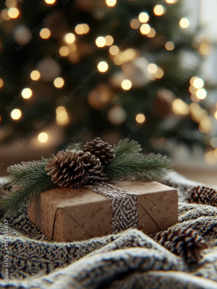 Close-up of a wrapped Christmas gift with a fir and pinecone wreath on a blanket in front of an illuminated Christmas tree Close-up of a wrapped Christmas gift with a fir and pinecone wreath on a blanket in front of an illuminated Christmas tree