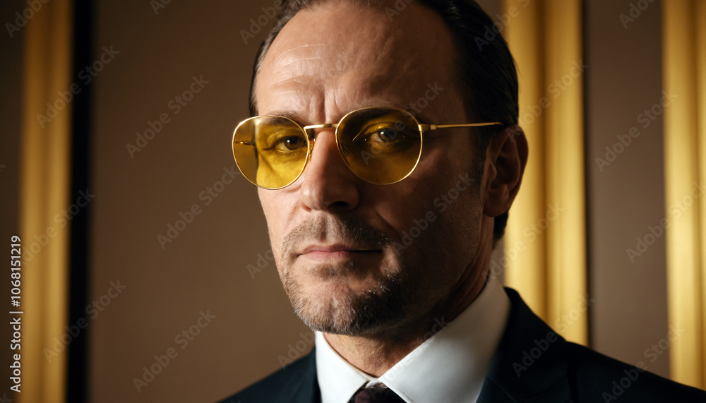honorable man in his 40 in a suit and with golden glasses close-up, perfect lighting, movie like honorable man in his 40 in a suit and with golden glasses close-up, perfect lighting, movie like