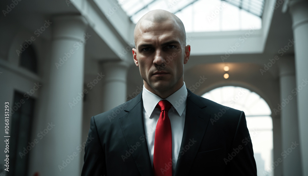 hitman detailed in a suit with red tie infiltrating, perfect lighting, bright background in a public setting hitman detailed in a suit with red tie infiltrating, perfect lighting, bright background in a public setting