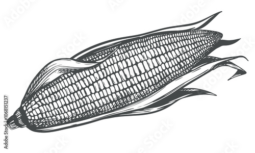 Vector illustration of corn cob with leaves. Old drawing in retro engraving style. Hand drawn realistic ink sketch. Popcorn line drawing for packaging of organic food, farm products, baking and syrup.