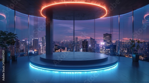 Empty platform in a futuristic building with a city skyline view at night.