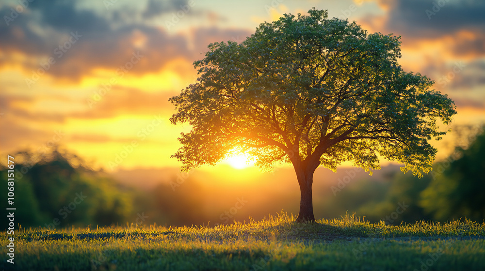 Fototapeta premium beautiful tree silhouetted against vibrant sunset sky
