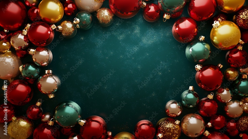 A festive frame of red, gold, and green Christmas ornaments on a teal background with sparkling lights. A festive frame of red, gold, and green Christmas ornaments on a teal background with sparkling lights.