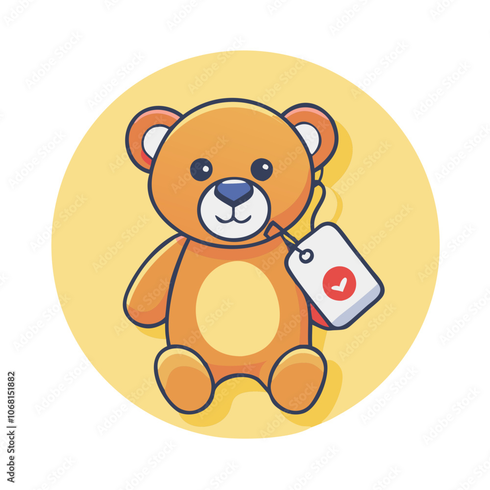 Obraz premium Cute teddy bear with checkmark tag icon on yellow background