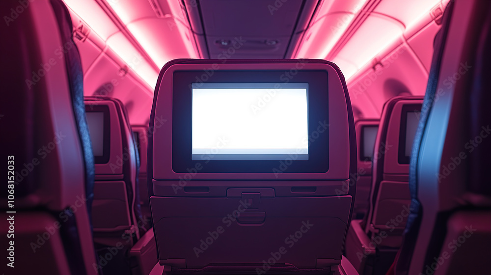 Close-up of an empty airplane seat with the TV screen showing a white Close-up of an empty airplane seat with the TV screen showing a white