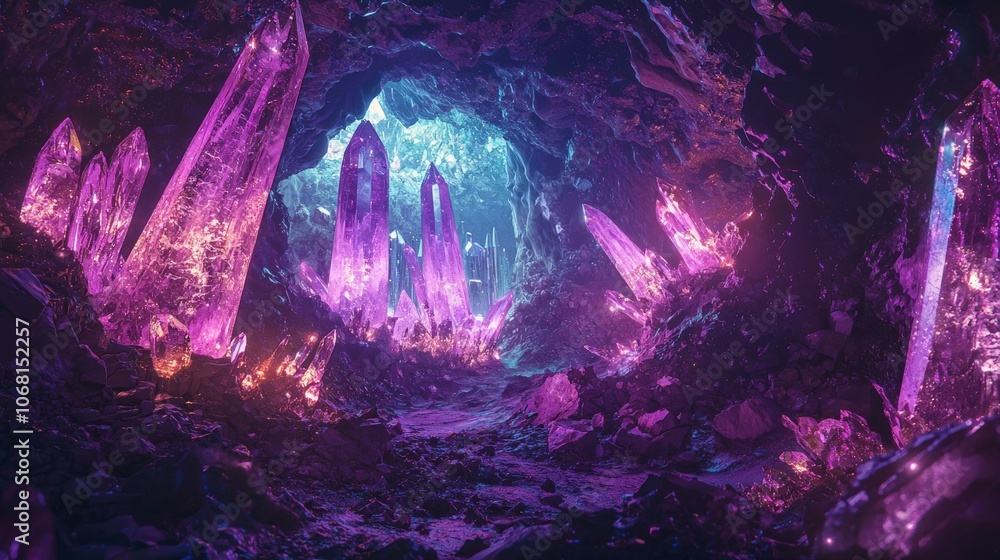 Fantasy landscape featuring a crystal cave illuminated by glowing gems Fantasy landscape featuring a crystal cave illuminated by glowing gems
