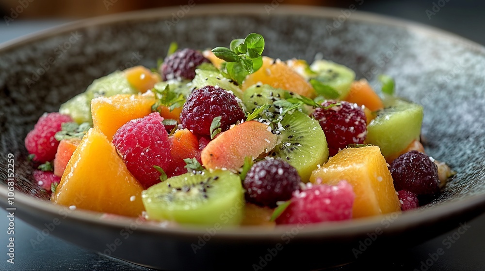 Fresh fruit salad with kiwi, cantaloupe, and raspberries. Fresh fruit salad with kiwi, cantaloupe, and raspberries.