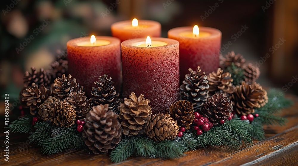 A festive holiday table with candles, pinecones, and holiday decorations symbolizes the joy of Christmas, perfect for holiday banners. A festive holiday table with candles, pinecones, and holiday decorations symbolizes the joy of Christmas, perfect for holiday banners.