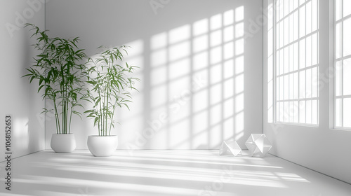 an empty room with plants and a window. The interior design is minimal, with a white color tone