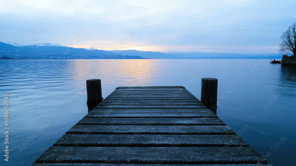 Fototapeta premium Calm Waters at Dusk with Pier Reflection