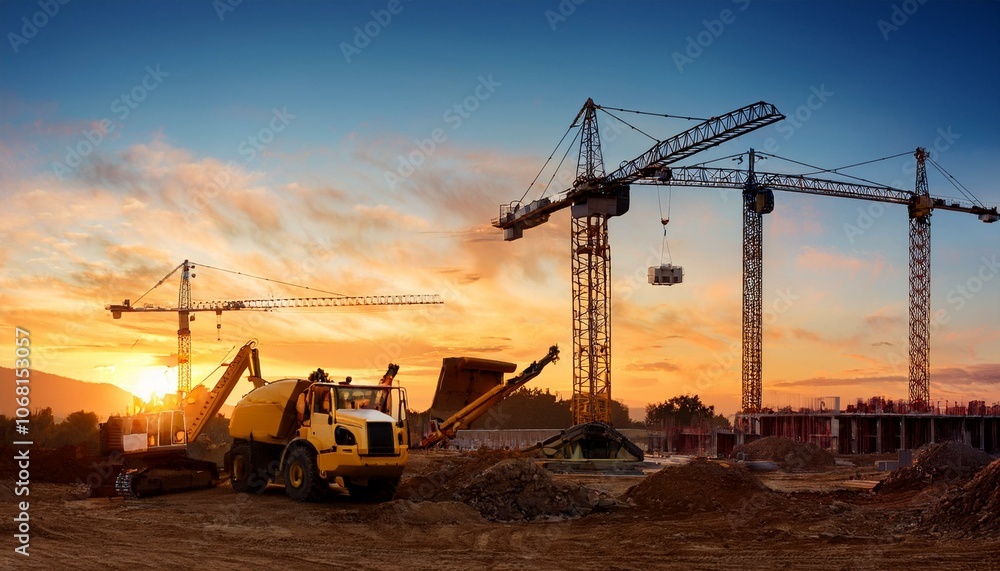 Construction job site panoramic view at sunset/sunrise with cranes and machinery Construction job site panoramic view at sunset/sunrise with cranes and machinery