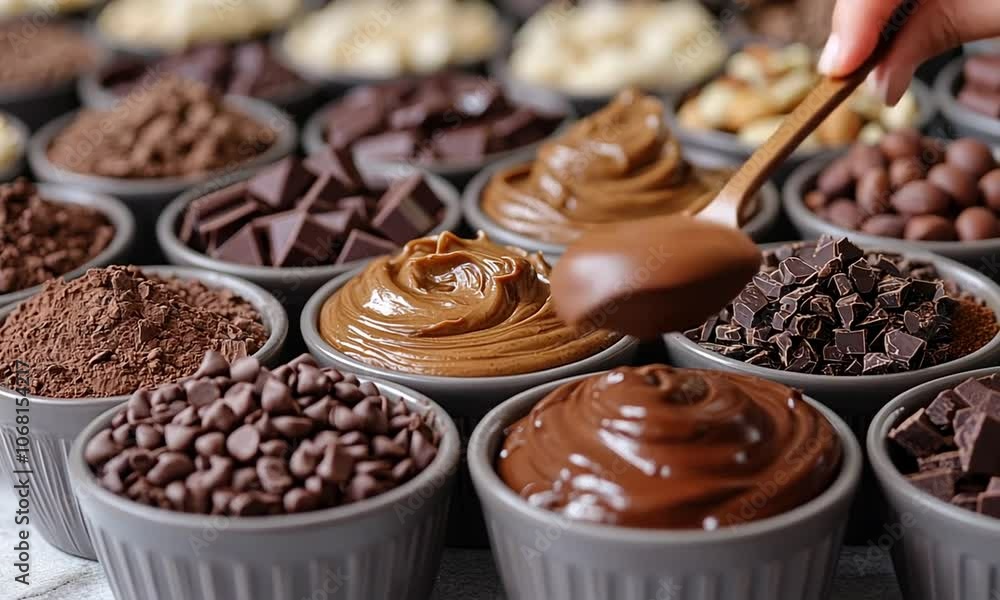 Assorted chocolate and nut toppings in bowls for baking and desserts. Assorted chocolate and nut toppings in bowls for baking and desserts.