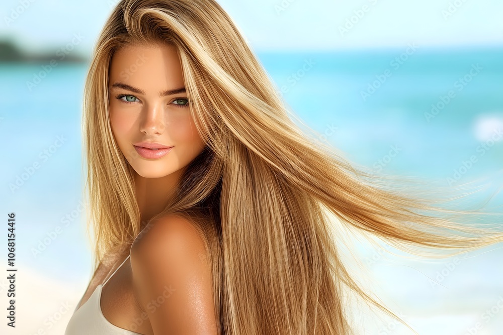 Stunning model showcases radiant hair by the shore Stunning model showcases radiant hair by the shore