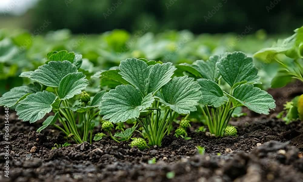 Lush green strawberry plants growing in rich soil. Lush green strawberry plants growing in rich soil.