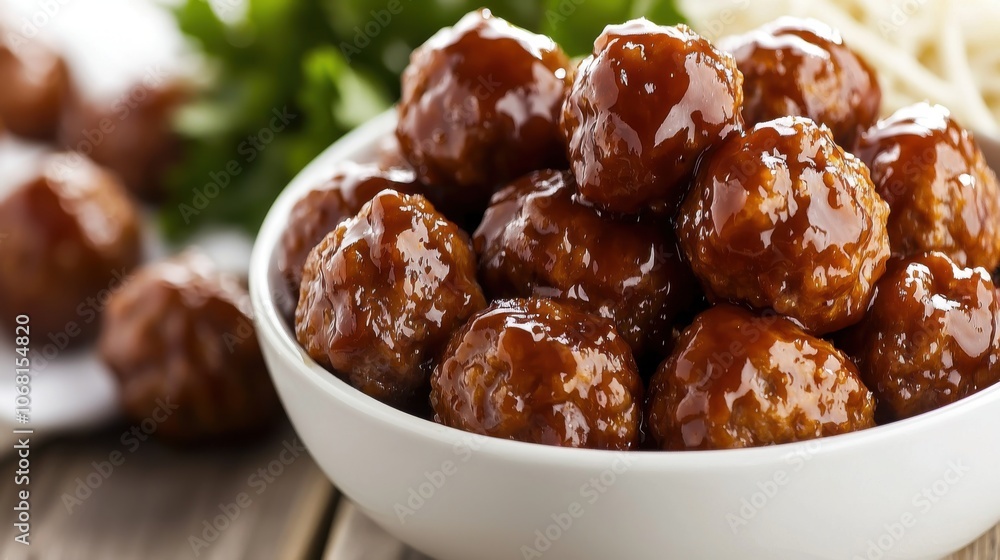 A bowl filled with glossy meatballs, coated in a rich sauce, garnished with herbs, showcasing a delicious meal option. A bowl filled with glossy meatballs, coated in a rich sauce, garnished with herbs, showcasing a delicious meal option.