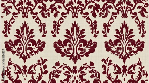 A classic damask pattern in burgundy and cream, ideal for textiles and interior design.