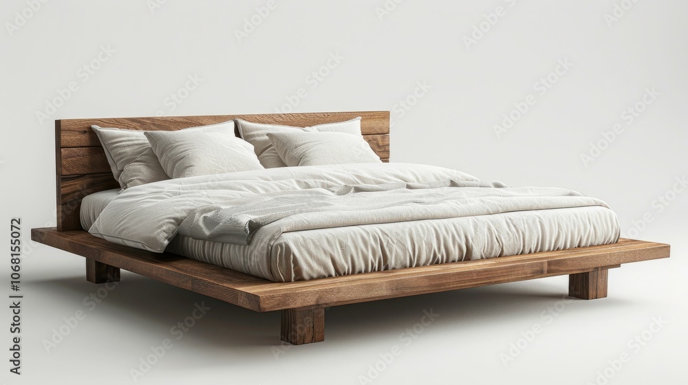 Obraz premium A stylish wooden platform bed featuring soft, inviting pillows and neutral-toned bedding, creating a cozy and elegant appearance for any modern bedroom.